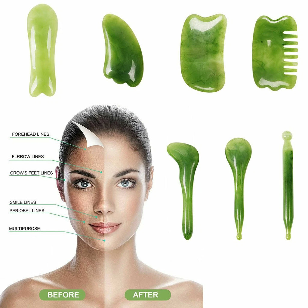 7PCS Gua Sha Natural Resin Quartz Stone Shape Facial Body Massage Board Tool Set