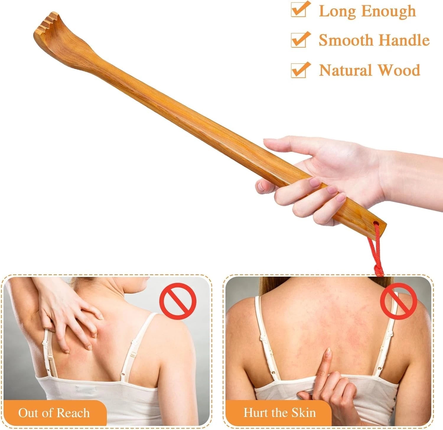 Wooden Back Scratcher Massage Stick with Hook Rope, Handheld Scratching Massage