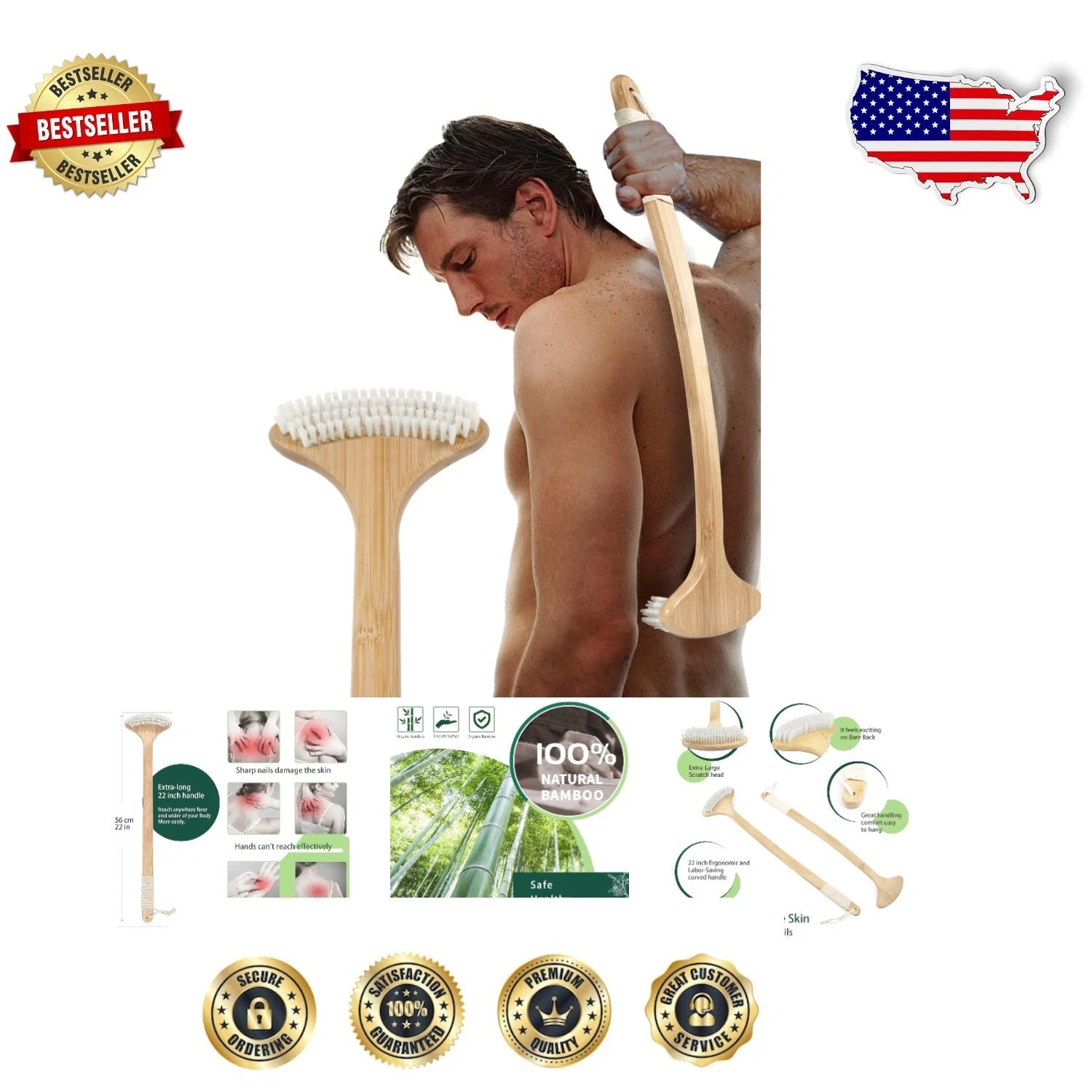 Natural Bamboo Back Scratcher with Soft Nylon Bristles for Gentle Skin Relief