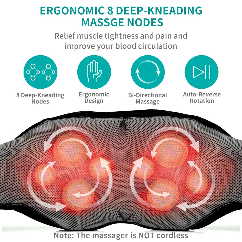 Nekteck Shiatsu Neck Massager with Heat 8 Kneading Nodes Portable Relaxation