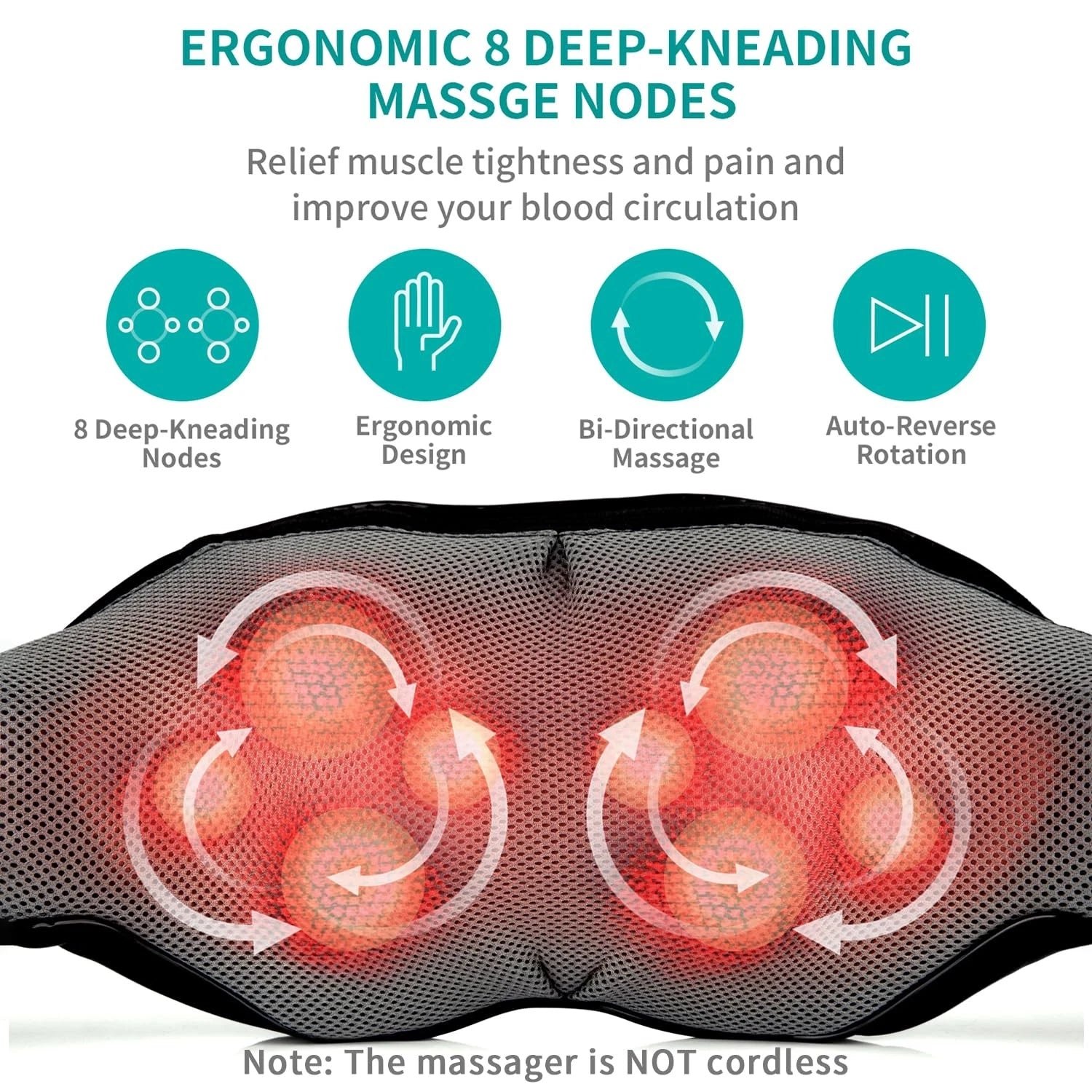 Nekteck Shiatsu Neck Massager with Heat 8 Kneading Nodes Portable Relaxation