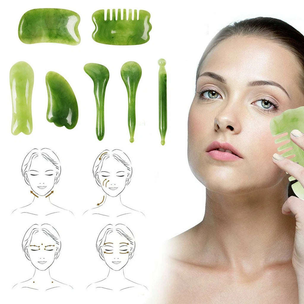 7PCS Gua Sha Natural Resin Quartz Stone Shape Facial Body Massage Board Tool Set