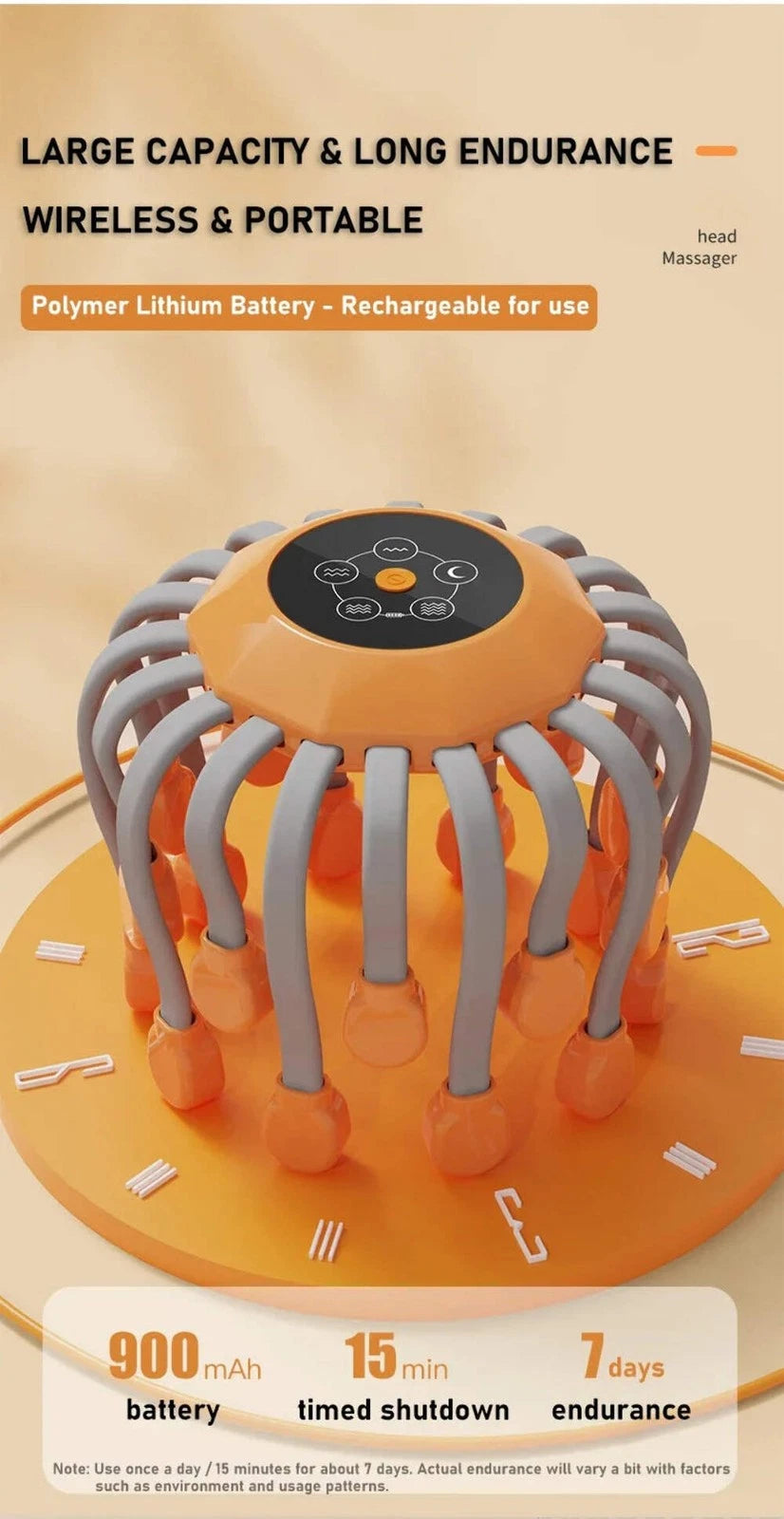 NNEOBA 20-Head Scalp Massager with Red Light Therapy Octopus Scratcher Orange