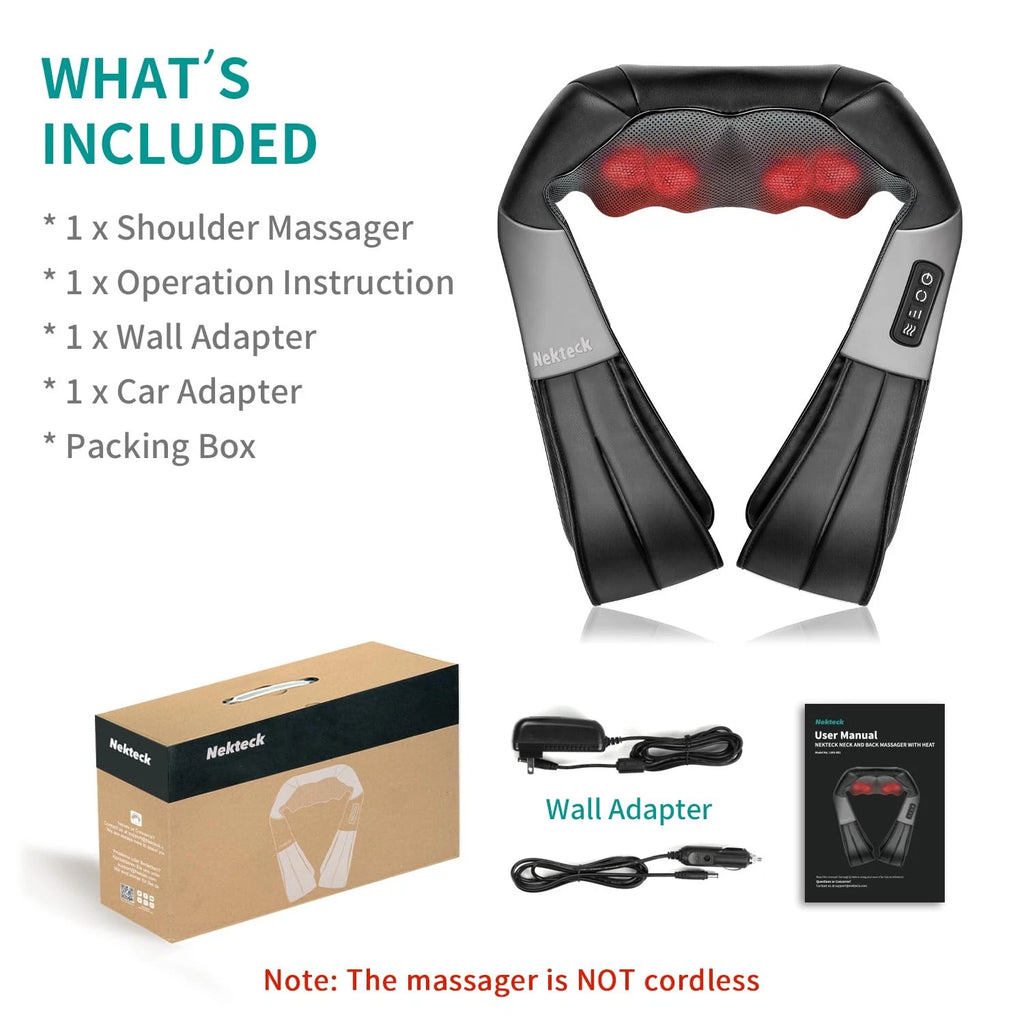 Nekteck Shiatsu Neck Massager with Heat 8 Kneading Nodes Portable Relaxation