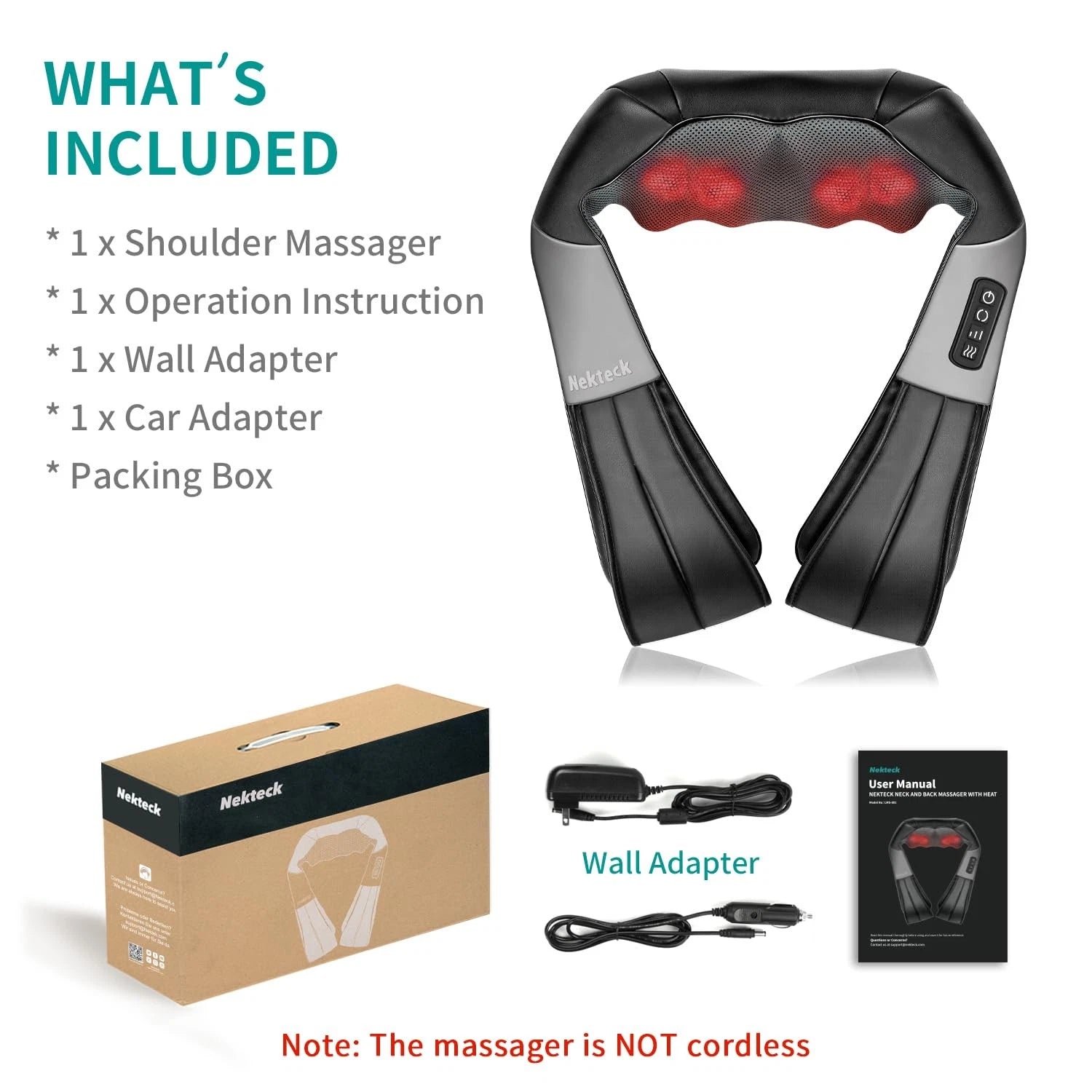 Nekteck Shiatsu Neck Massager with Heat 8 Kneading Nodes Portable Relaxation