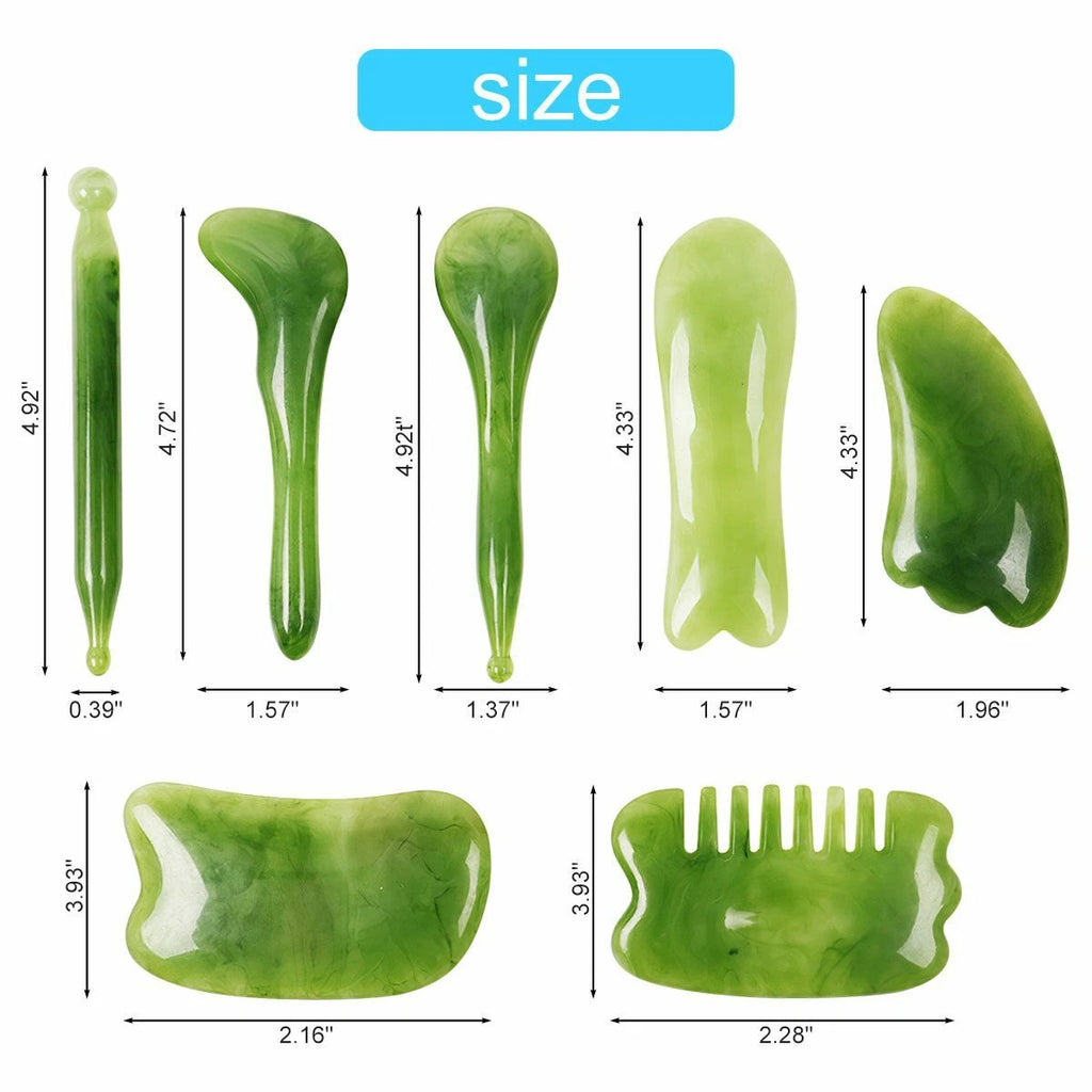 7PCS Gua Sha Natural Resin Quartz Stone Shape Facial Body Massage Board Tool Set