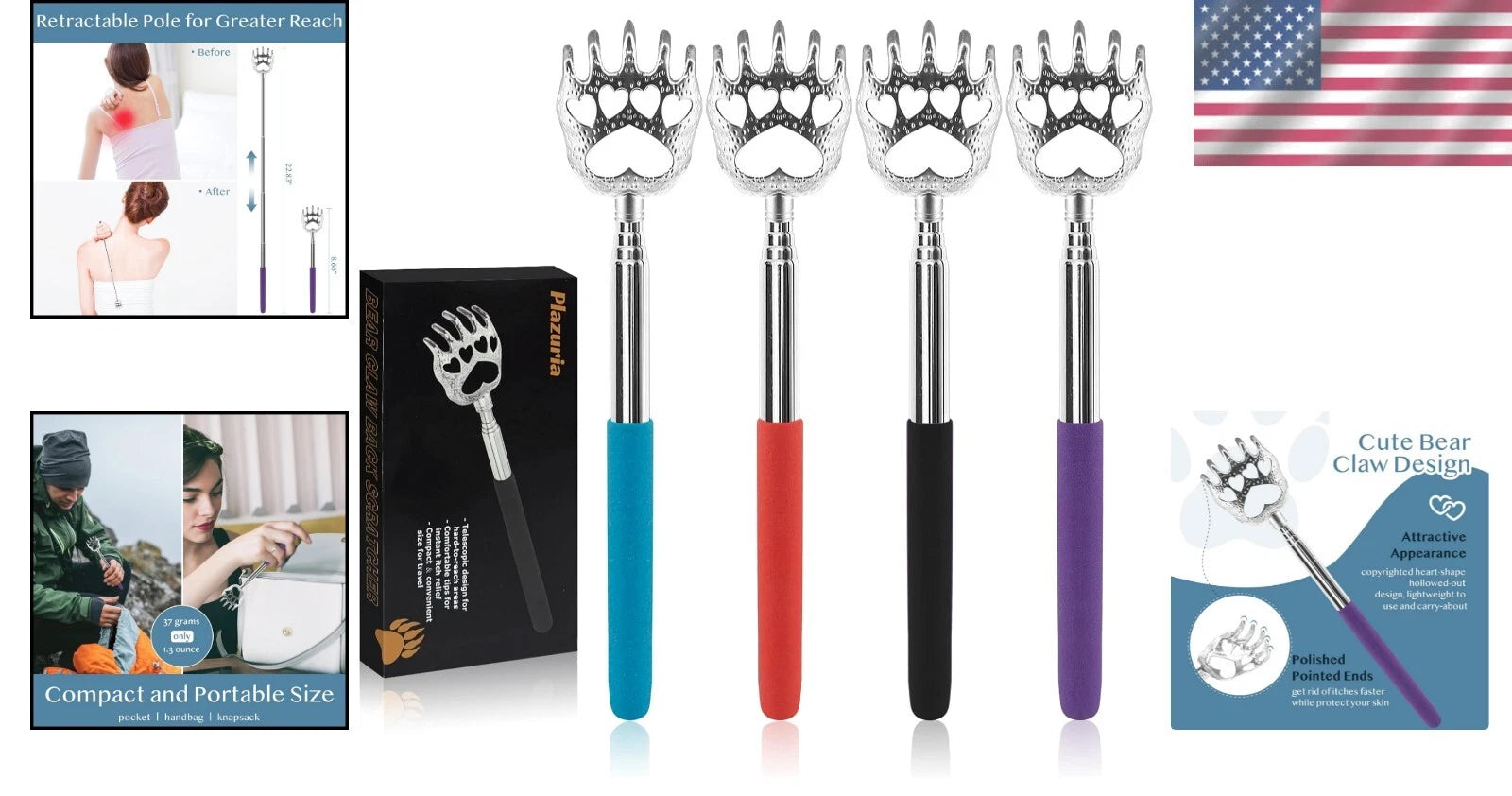 4-Pack Telescopic Bear Claw Back Scratchers - Stress Relief for All Body Parts