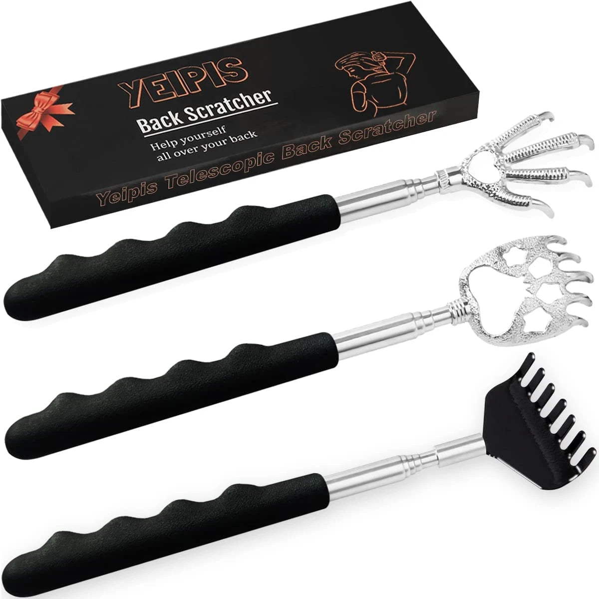 3 Pack Back Scratcher Metal Portable Telescoping Back Scratchers with Rubber