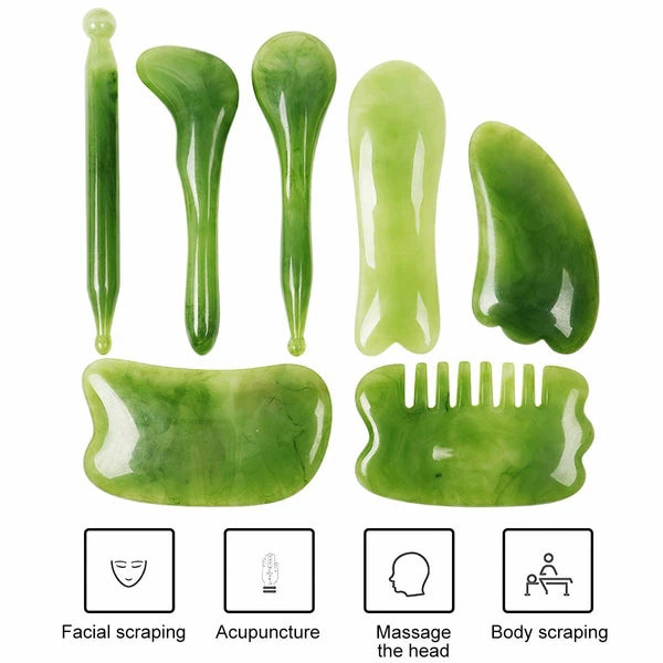 7PCS Gua Sha Natural Resin Quartz Stone Shape Facial Body Massage Board Tool Set